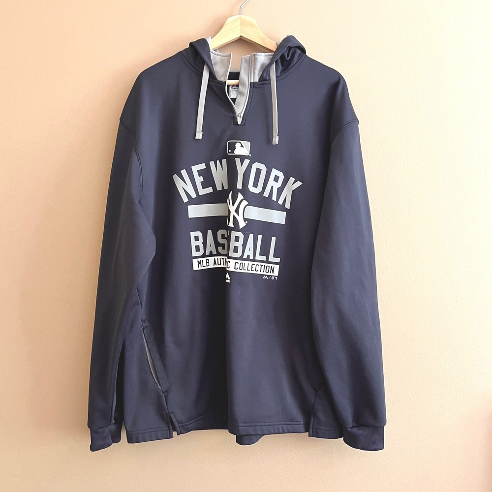 Majestic New York Yankees MLB Authentic Navy Quarter Zip Hoodie Mens XL